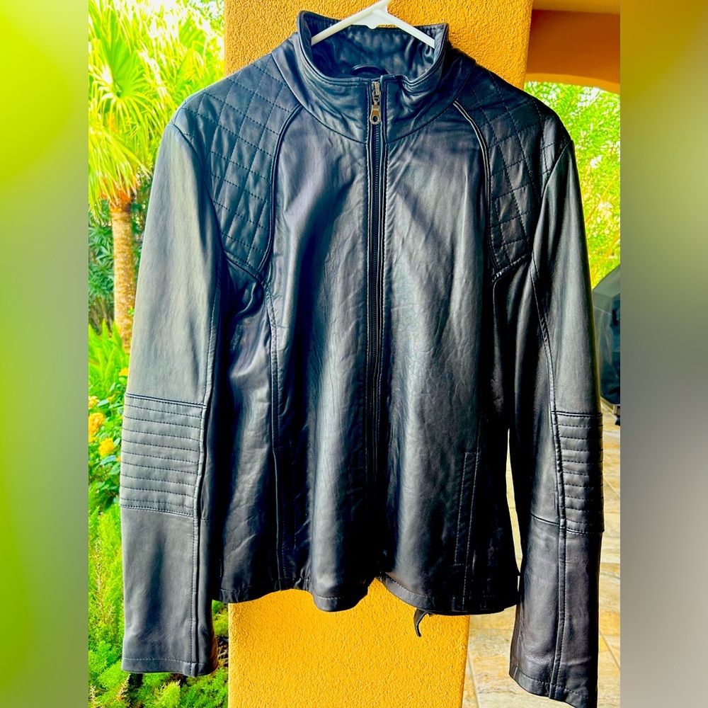 DKNY Black Quilted Leather Zip-Front Jacket